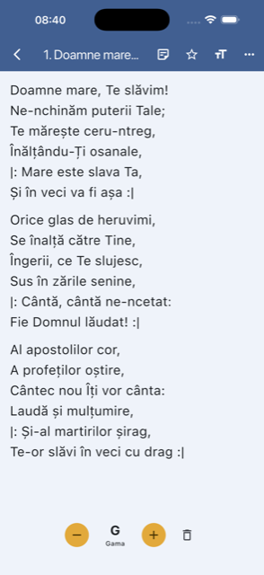 O cântare deschisă pentru citit, cu bara de transpunere jos